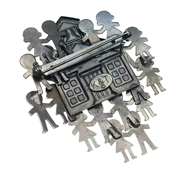 Vintage K And T Pin Brooch Copper Brass Pewter Library With Librarian Children - Picture 3 of 4